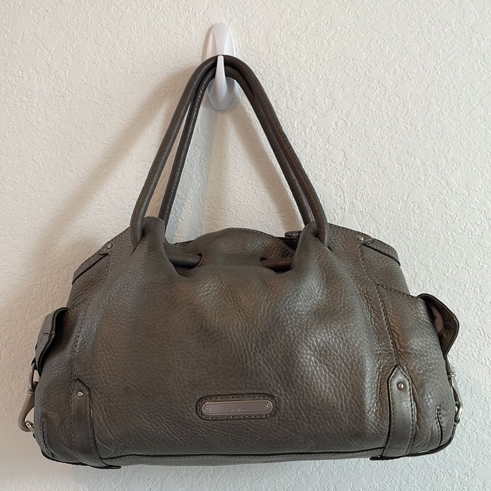 Cole Haan metallic silver leather large shoulder bag side pockets touched top